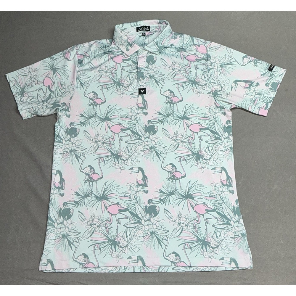 Bad Birdie Men's Tropical Flamingo Toucan Golf Polo Shirt Size Large